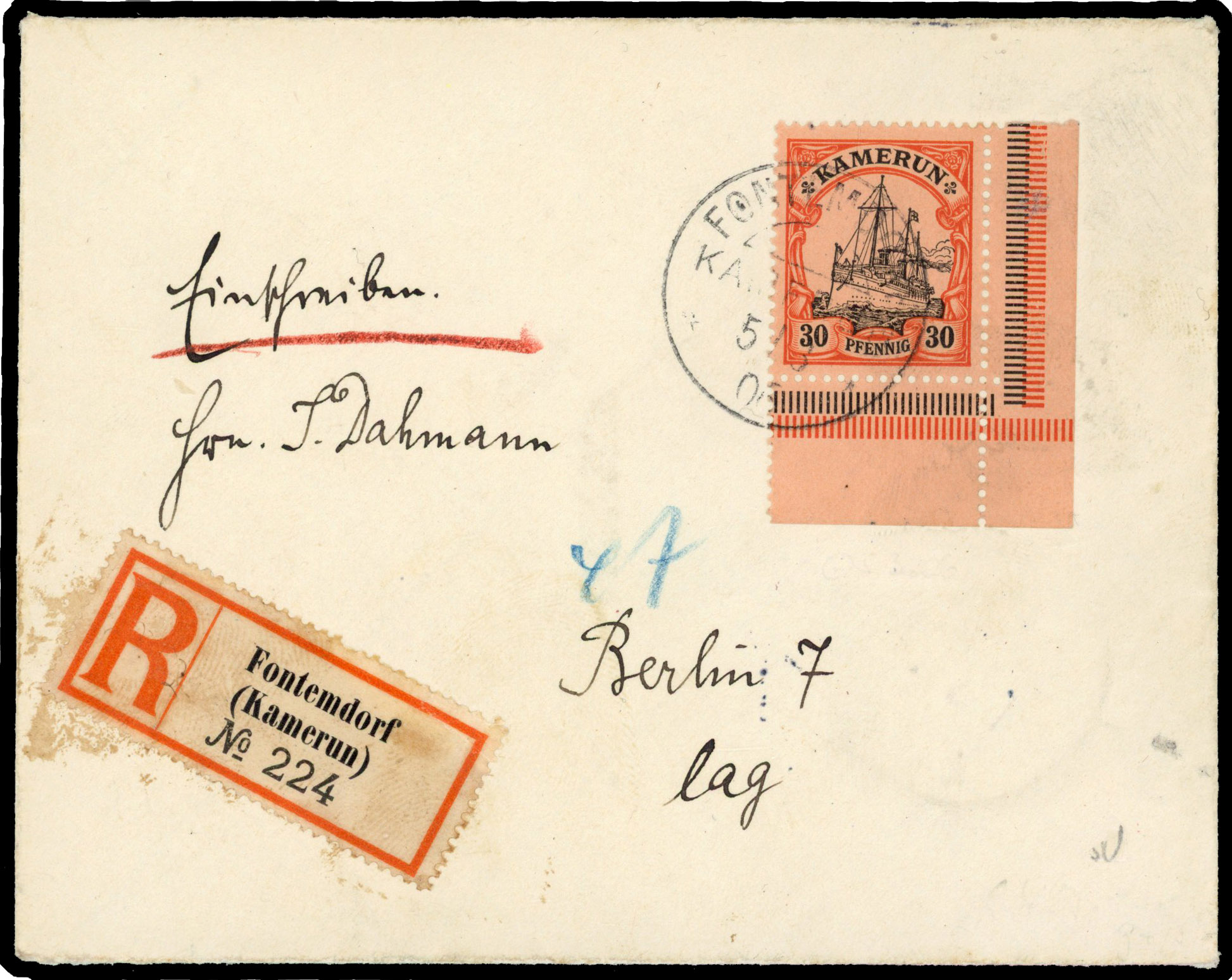 1906 attractive registered cover to Germany at the correct registered rate of 30pf (10pf + 20pf) tied by scarce