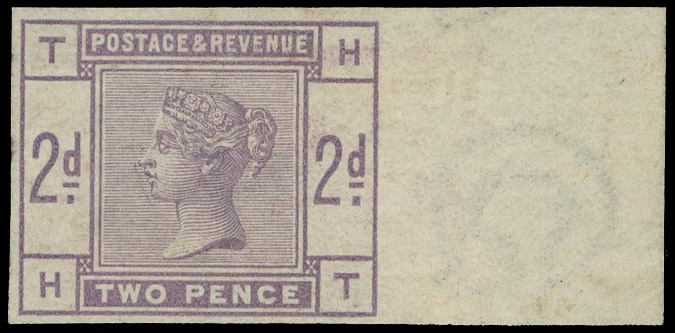 1884 2d Lilac. Very fine unused o.g. imperforate right hand marginal example lettered HT. Rare. SG189a. Cat. £4000.…