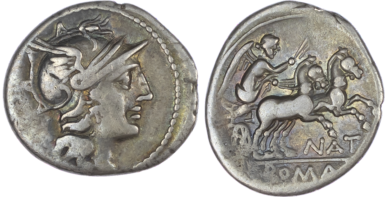 Pinarius Natta (149 BC) AR Denarius, Rome, 3.30g. Helmeted head of Roma facing right, [X] (mark of value) behind. Rev.