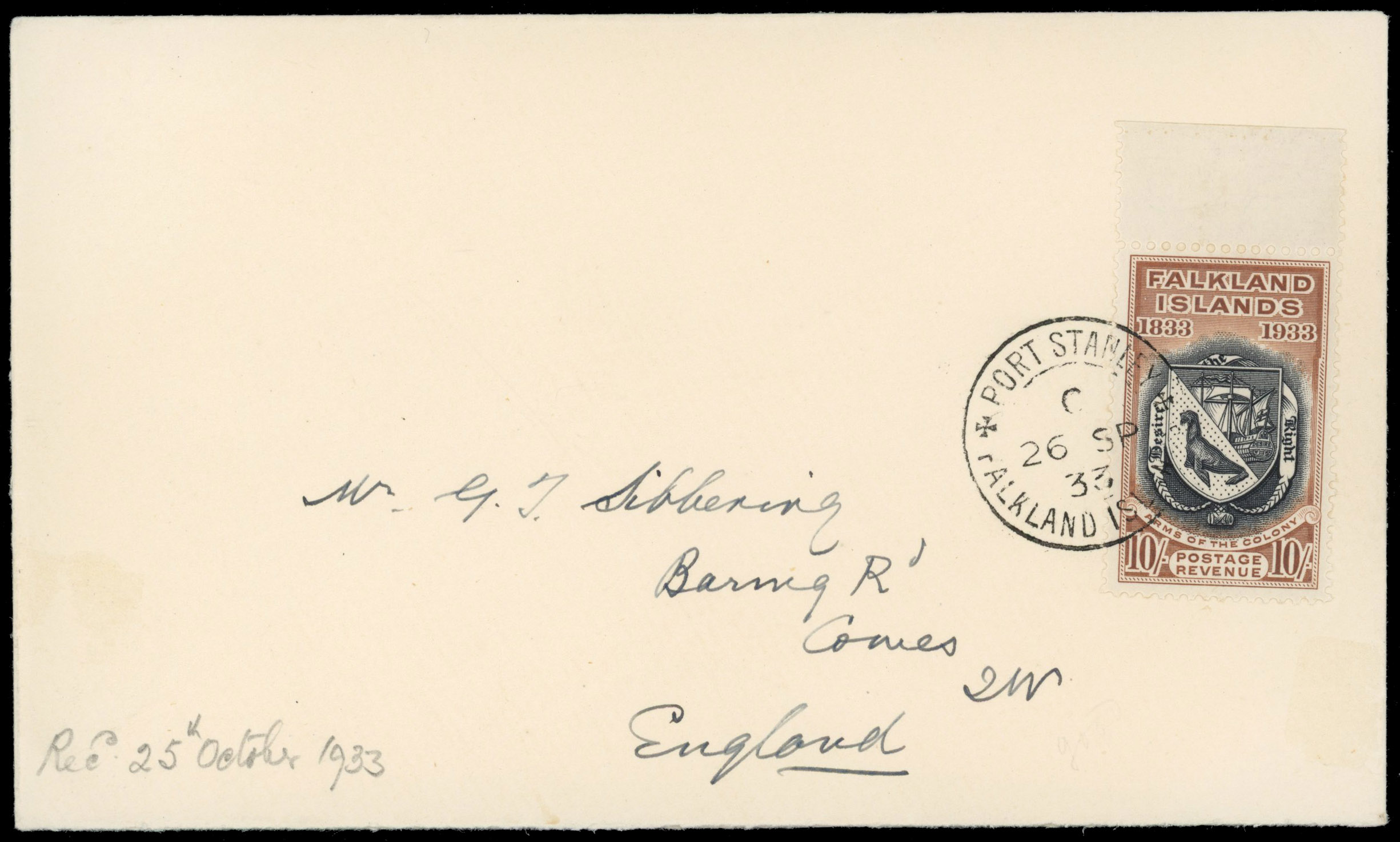 Falkland Is SG 137 1933 10s Centenary on cover