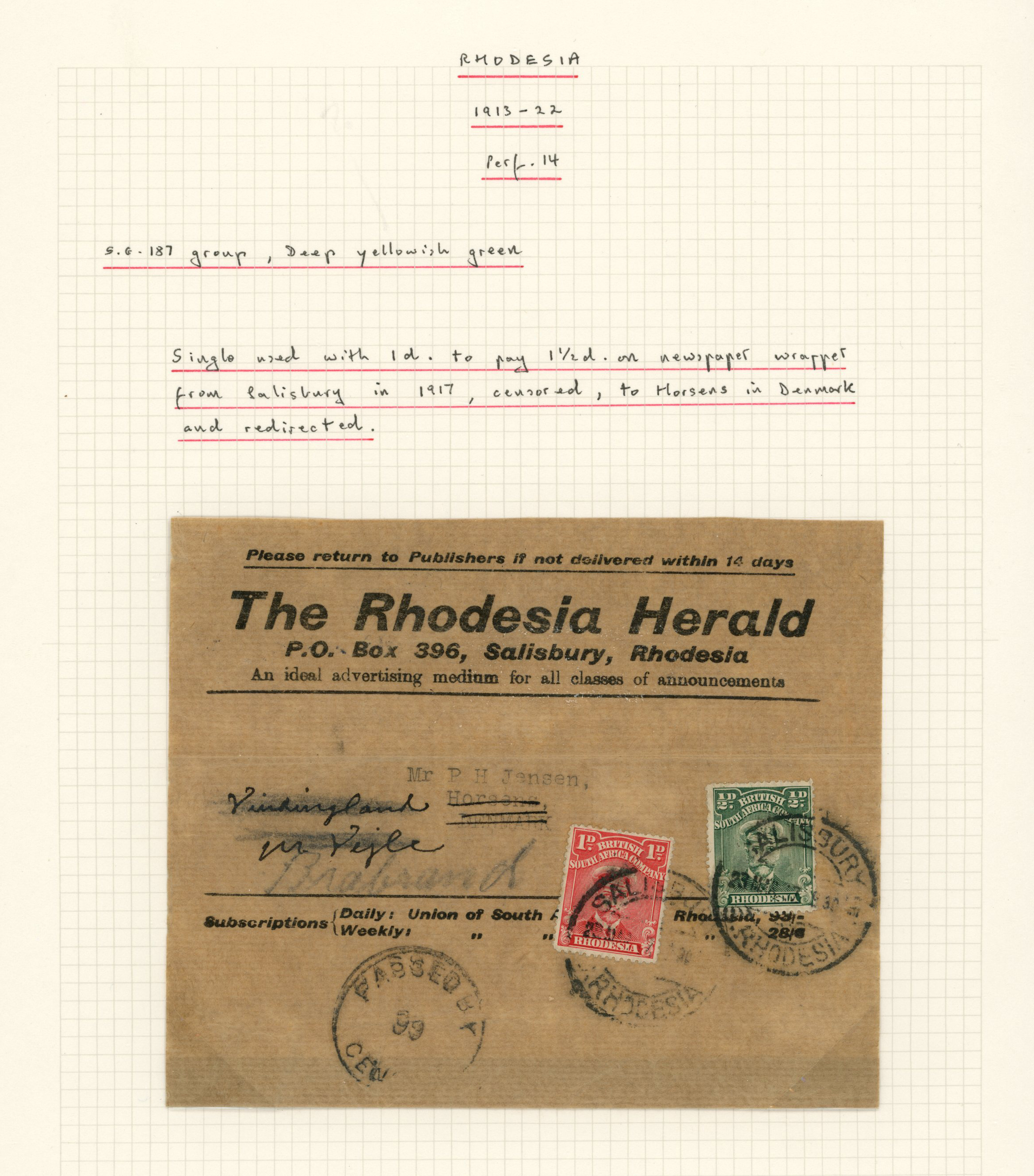 Rhodesia Herald wrapper (incomplete) with ½d...
