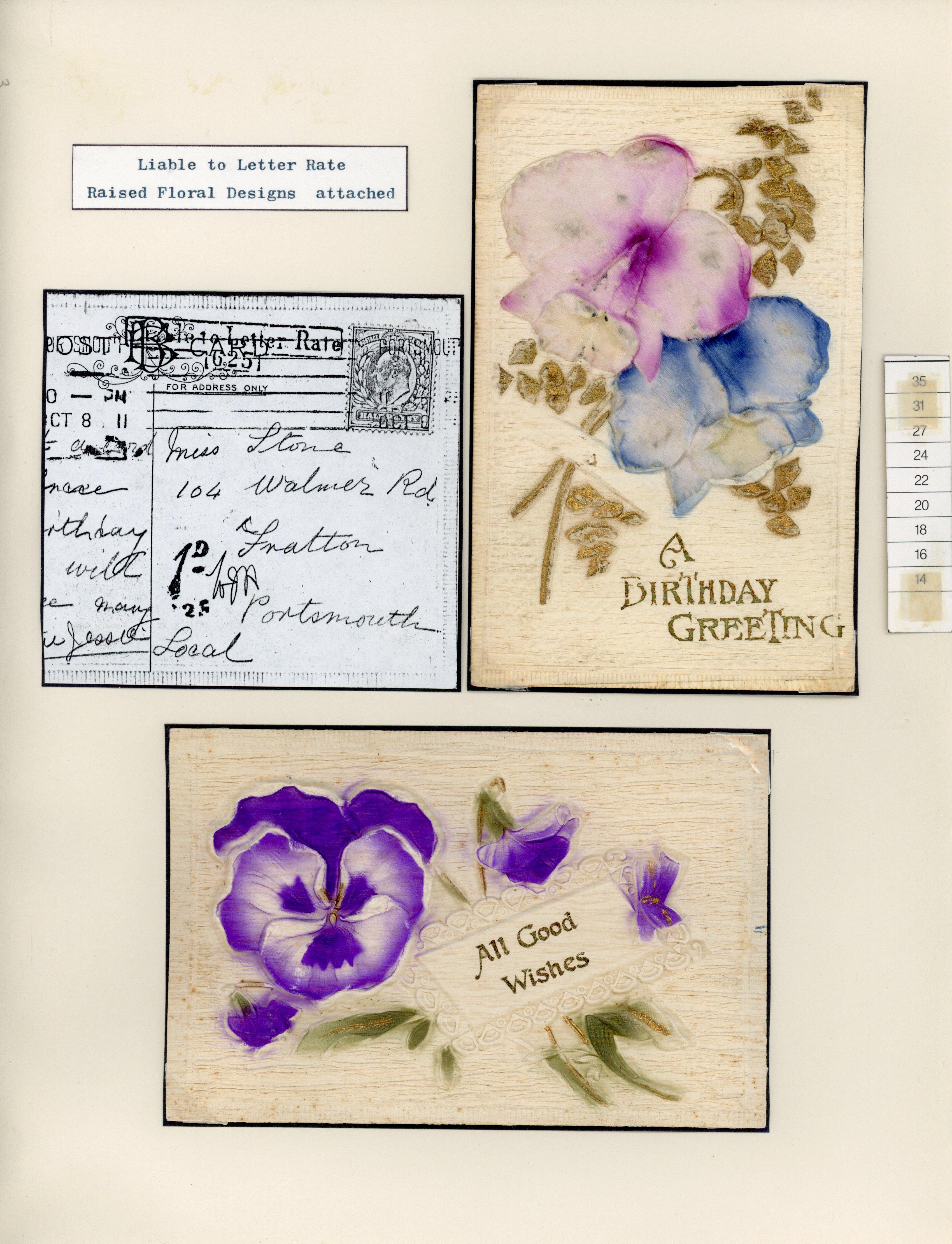 Great Britain 1911 pair of novelty postcards with a raised design and silk attached