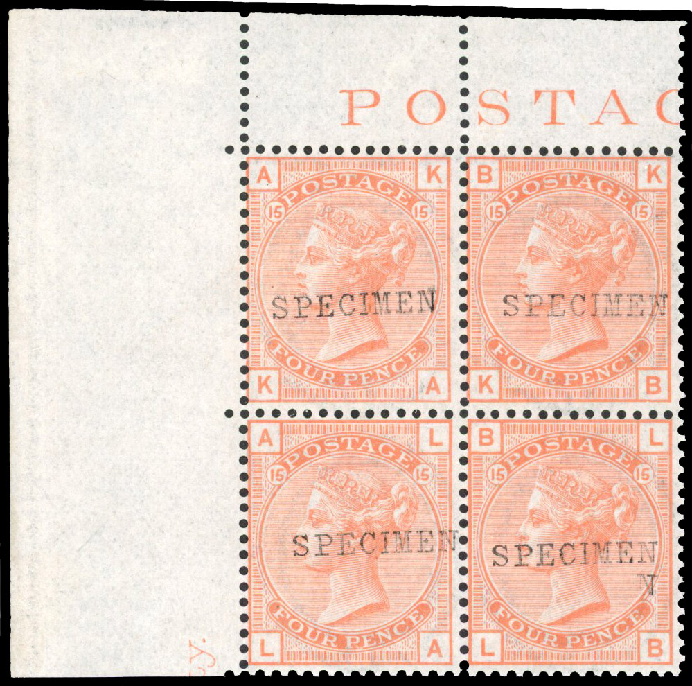 1876 4d vermilion upper right hand marginal block of 4 with ‘POSTAG..’ in margin overprinted “SPECIMEN” fine, hinged