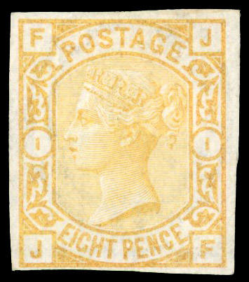 1876 8d Colour trial Pl.1. Imperforate colour trial Yellow (JF)