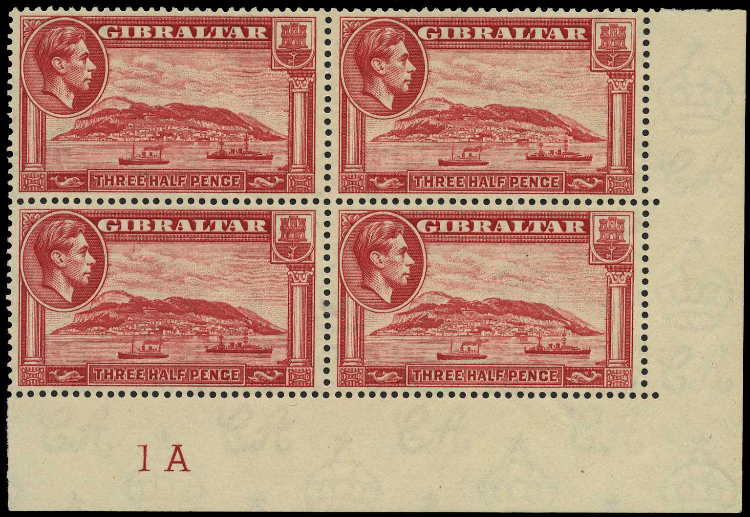 Gibraltar 1938 1½d carmine perf 13½ Plate block  mint
