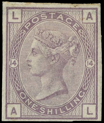 1883 1s Purple Pl.14. Fine unused o.g. imperforate imprimatur lettered AL, lightly soiled at top. This scarce stamp was …