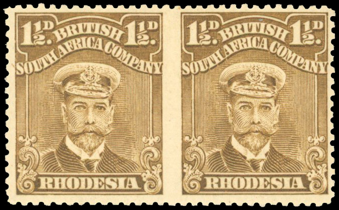 Rhodesia 1913-19 1½d drab-brown perf 14 horizontal pair Imperf Between
