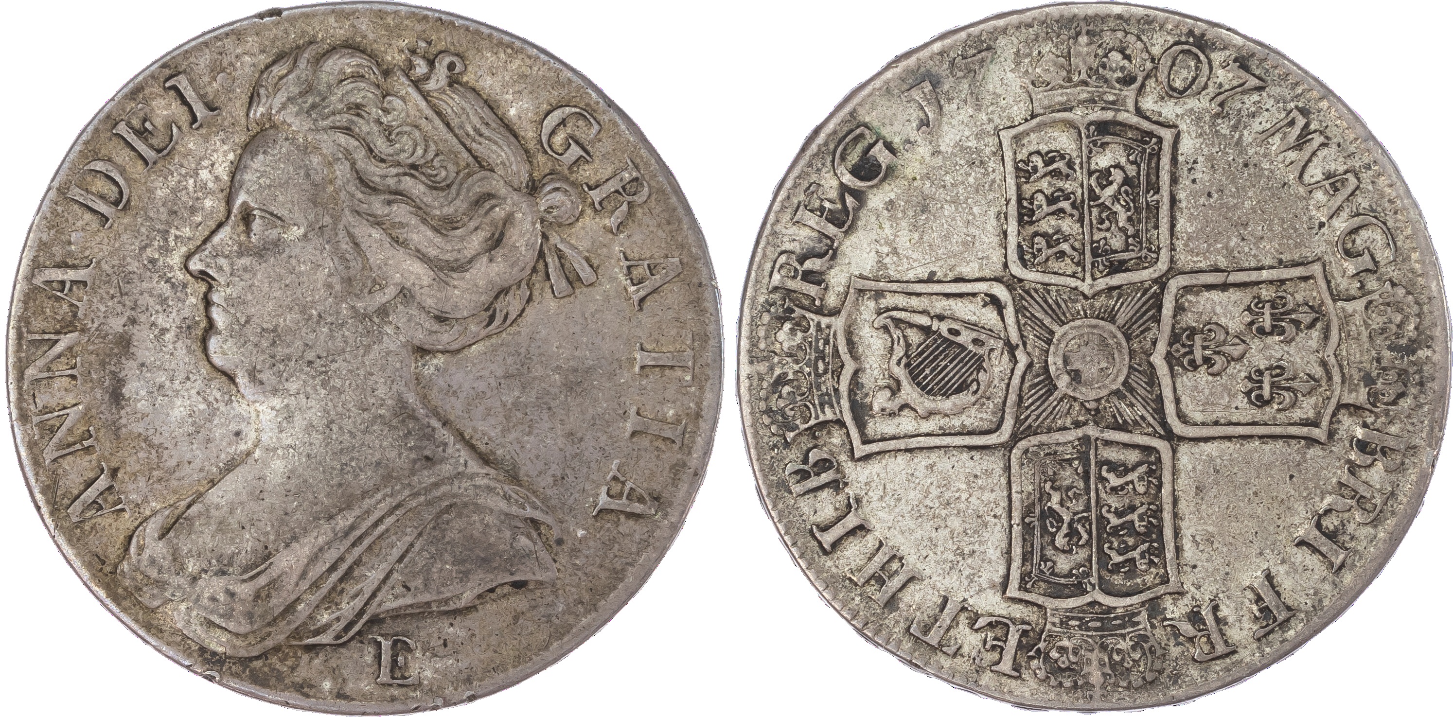 Anne (1702-14), Crown, 1707, Edinburgh Mint, E below second draped bust left, toothed border surrounding both sides, legend