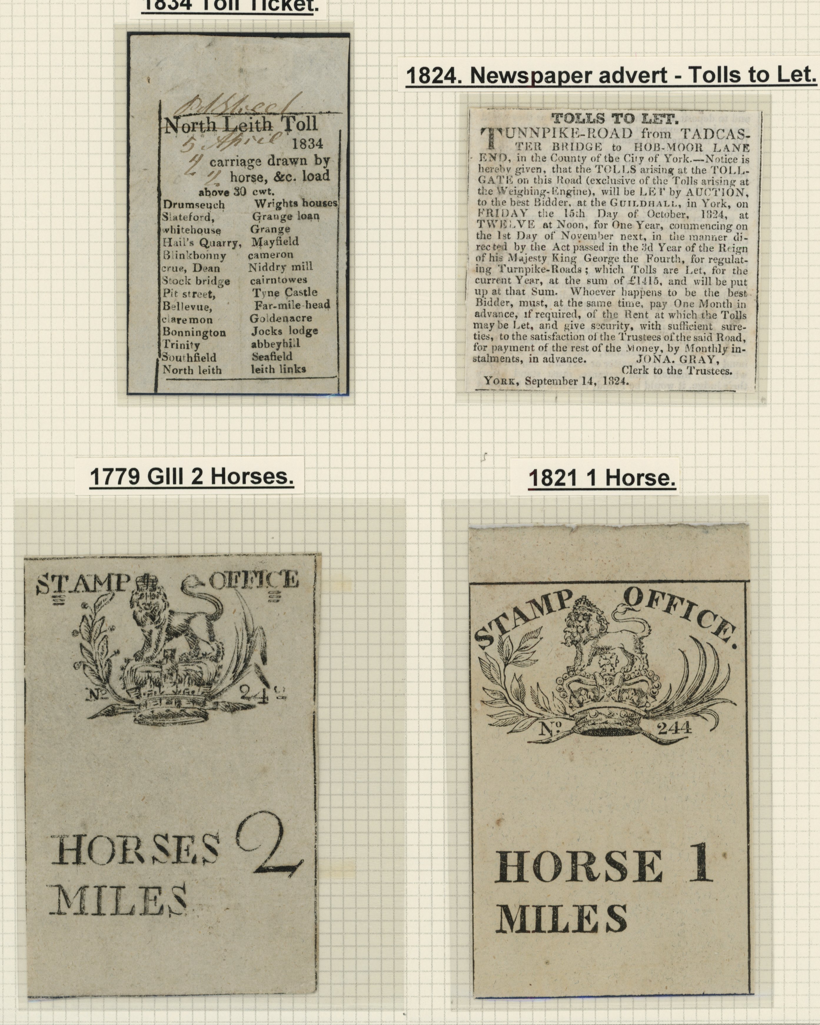 GB. Hired Horse Duty, Mileage Tickets. 1779 2 Horses and 1821 1 Horse tickets in black