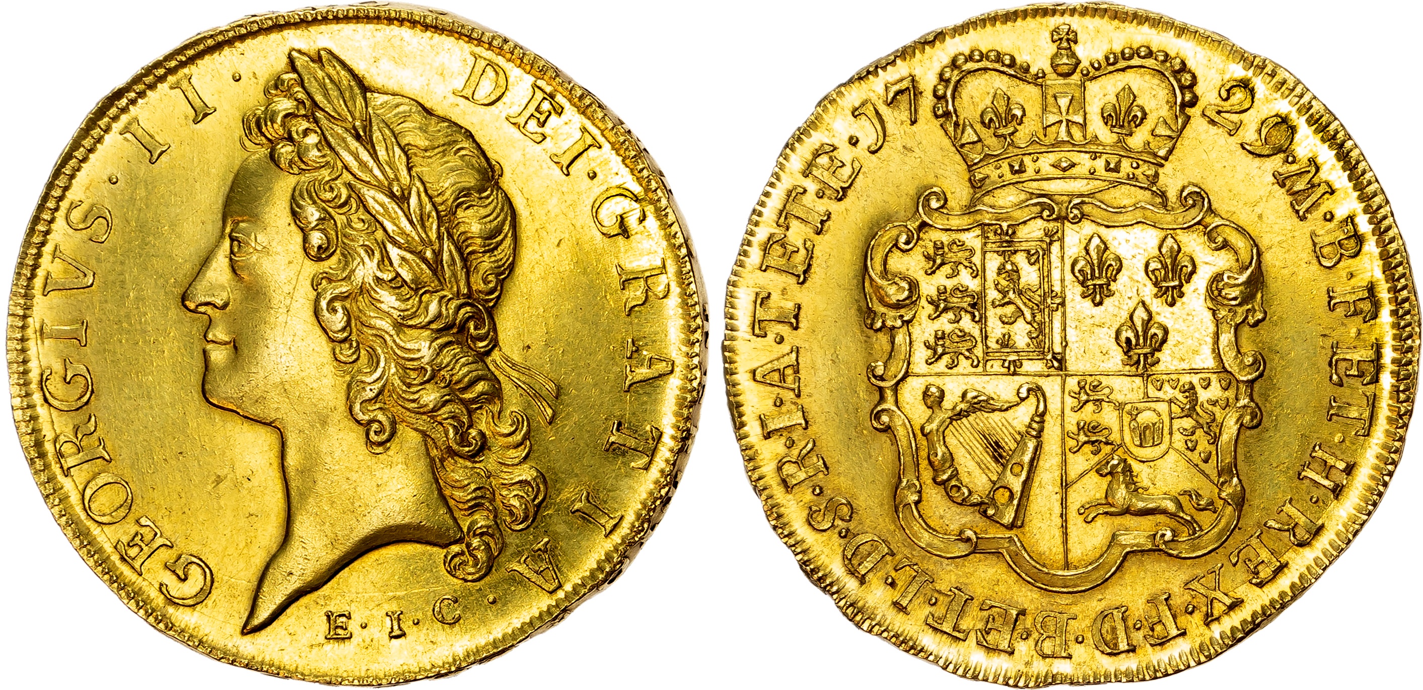 George II (1727-60), Five-Guineas, 1729 TERTIO, East India Company issue, large lettering, laureate head left, E. I. C. …