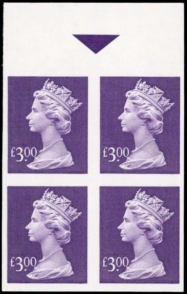 GB SG Y1802 Enschede £3 dull purple imperforate plate proof block