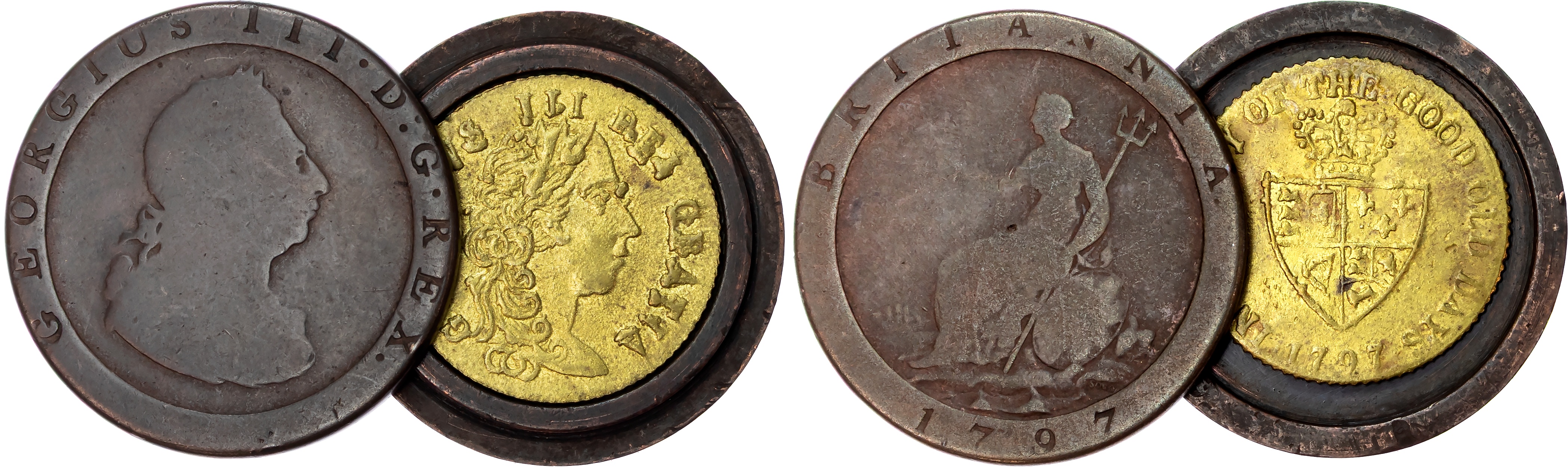 George III (1760-1820), AE ‘Cartwheel’ Penny, 1797, screw turned into a novelty box, and imitation guinea [2].