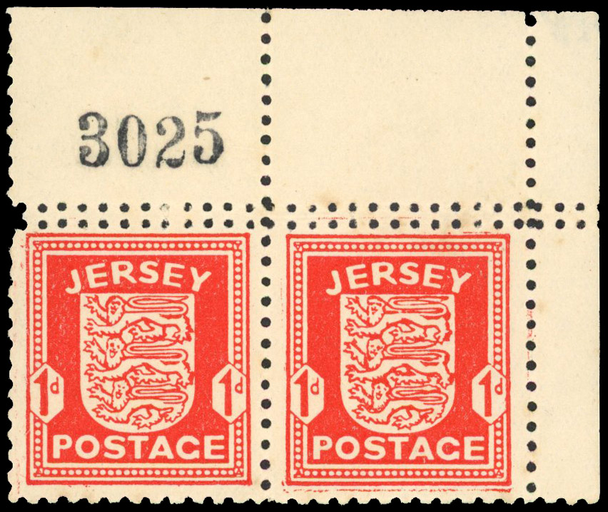 1941 1d Scarlet, Jersey ‘Arms’ issue, double perforations to top margin