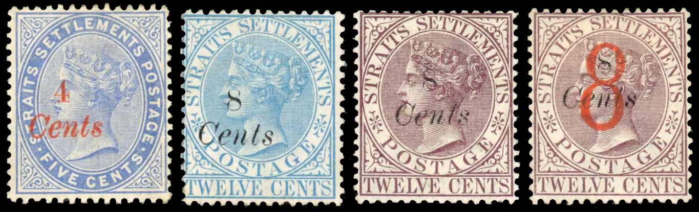 Straits Settlements SG 73/75, 80 1884 4c, 8c (2), 8 on 8c surcharge group