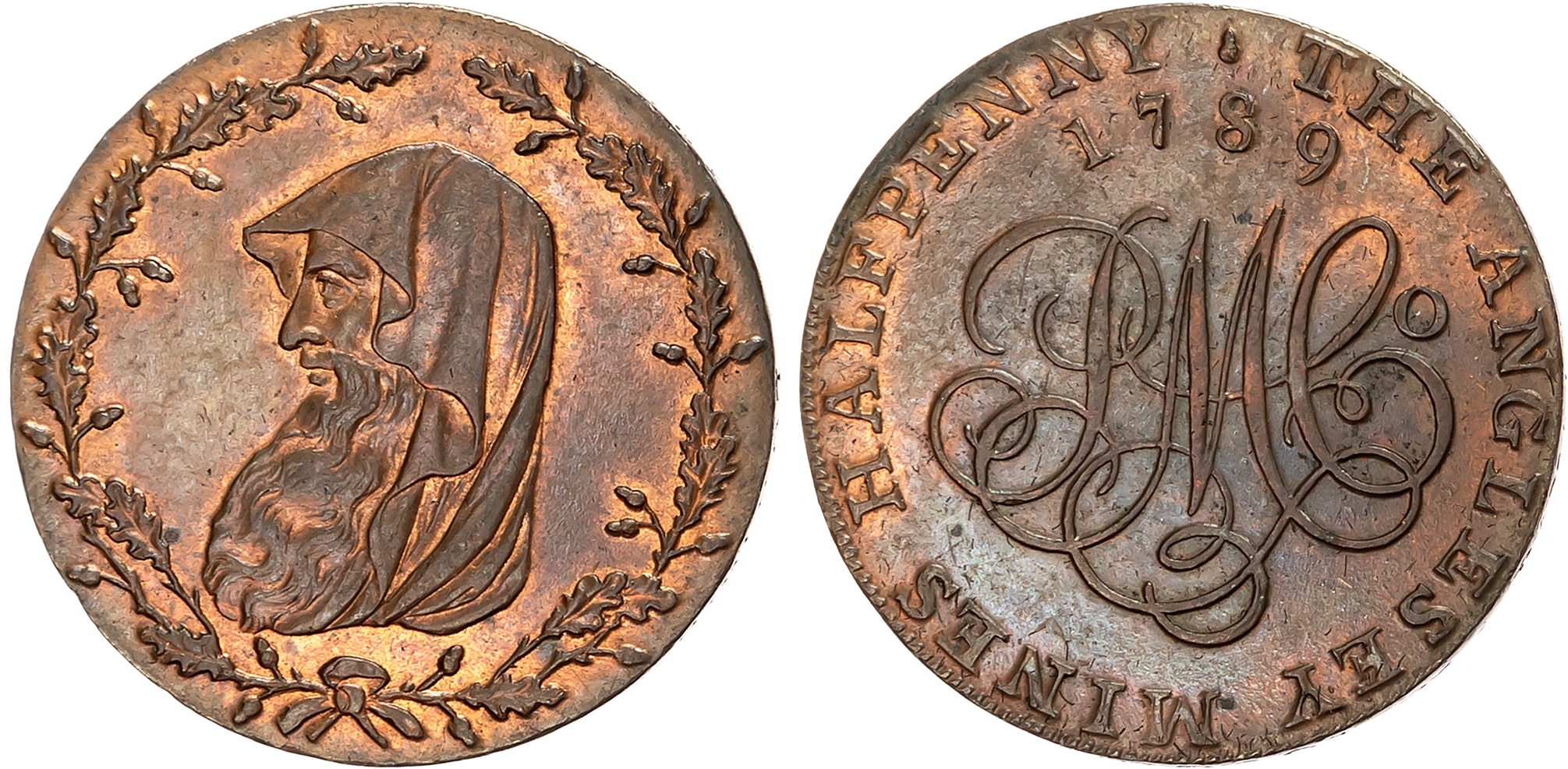Ang . Amlwch , Parys Mines Co. Halfpenny 1789, Cowled druids head left within thin oaken wreath with 24 acorns, rev . PM …