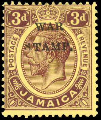 Jamaica 1916 War Stamp 3d purple/yellow variety S inserted by hand