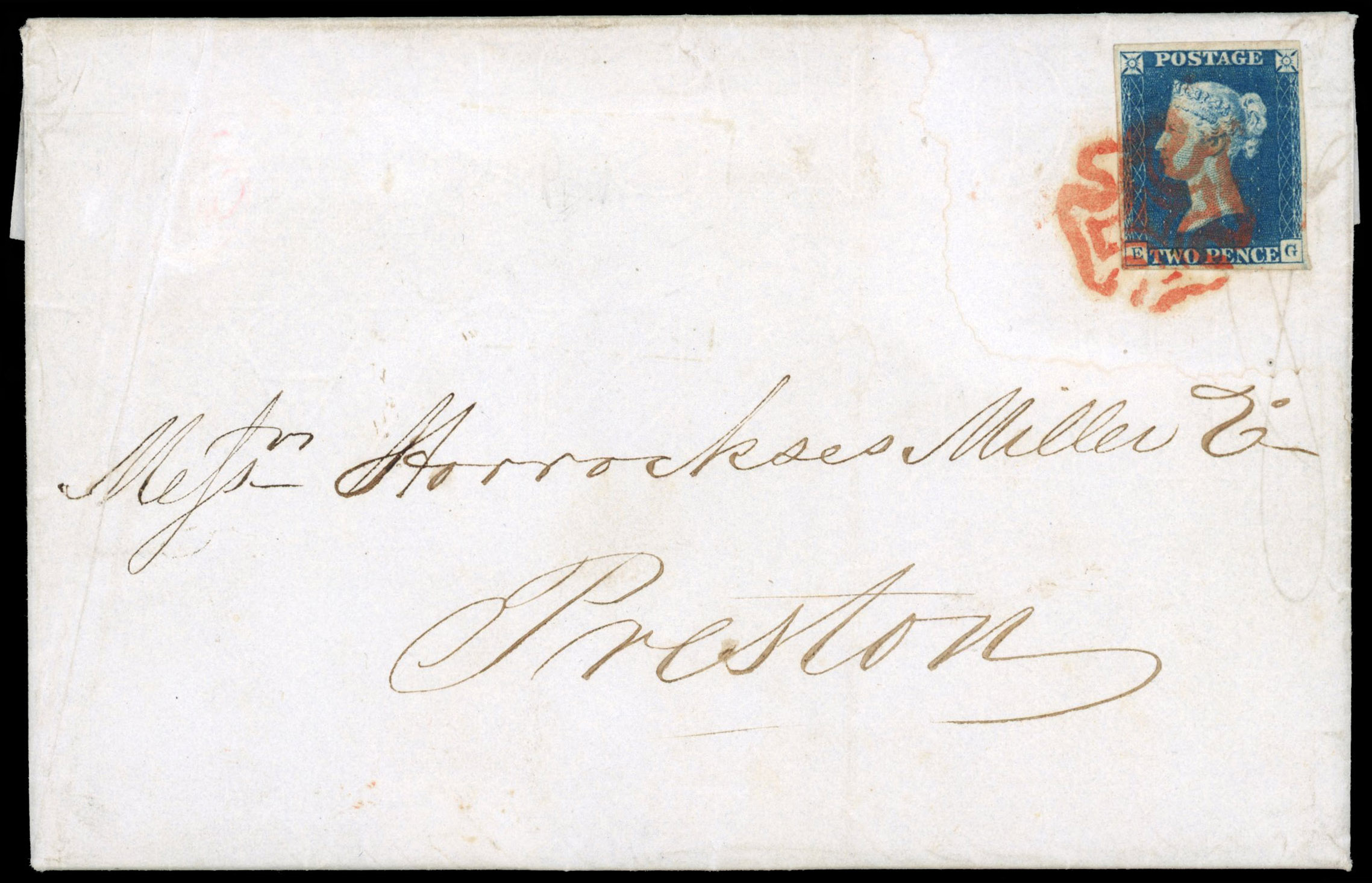 GB 1840 2d deep blue, Plate 1 (EG)tied to mourning cover to Preston by neat orange-red Maltese Cross