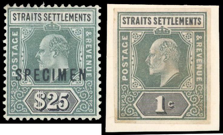 Straits Settlements 1904-10 $25 grey-green and black optd SPECIMEN + matching colour trial