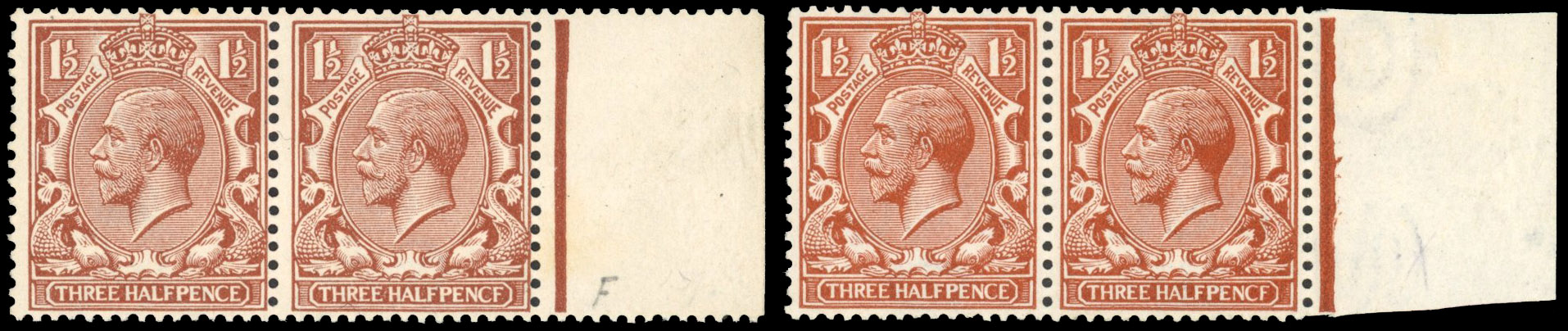 GB 1912-24 1½d, two pairs with PENCF variety mint, SG 362a/364a