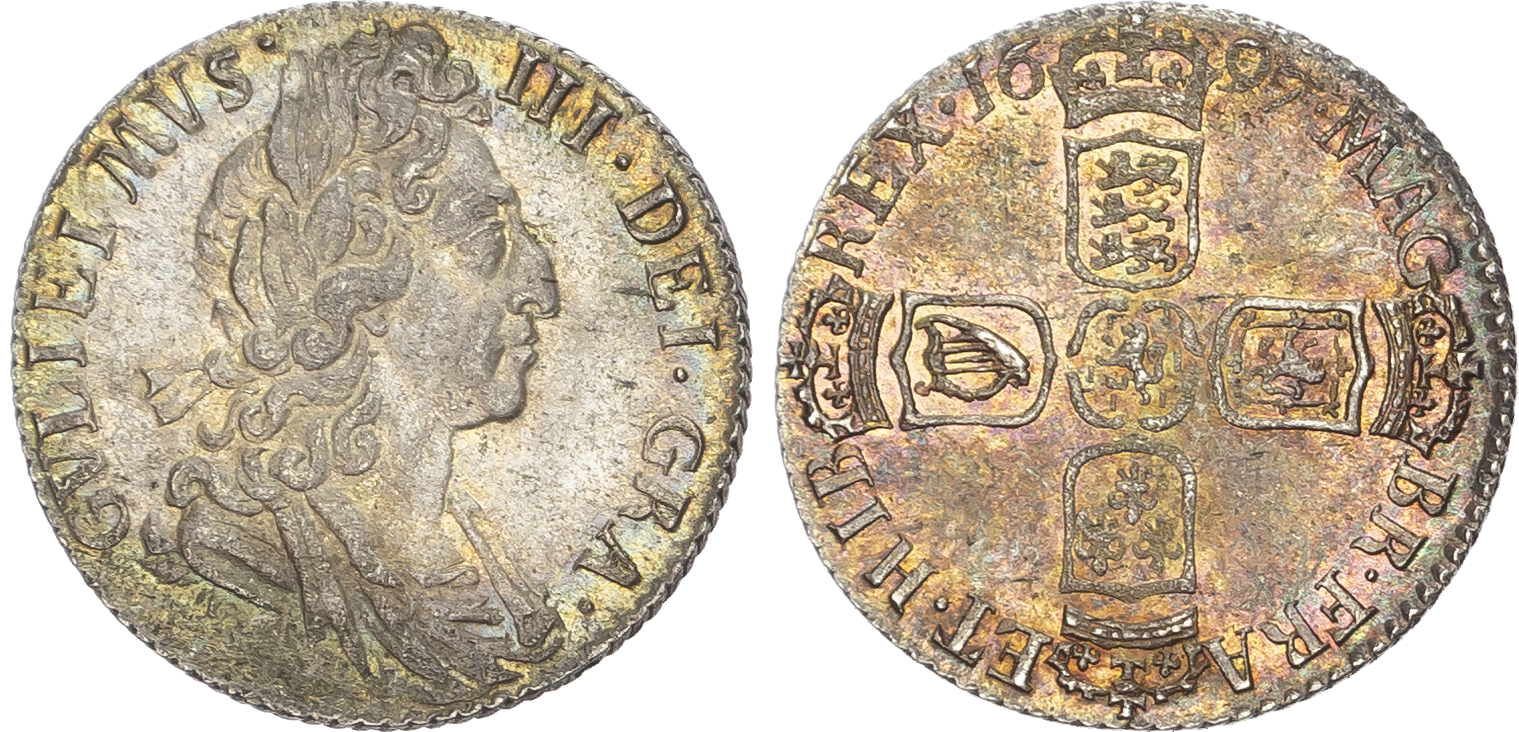 William III (1689-1702) Sixpence, 1697, GVLIEIMVS error.