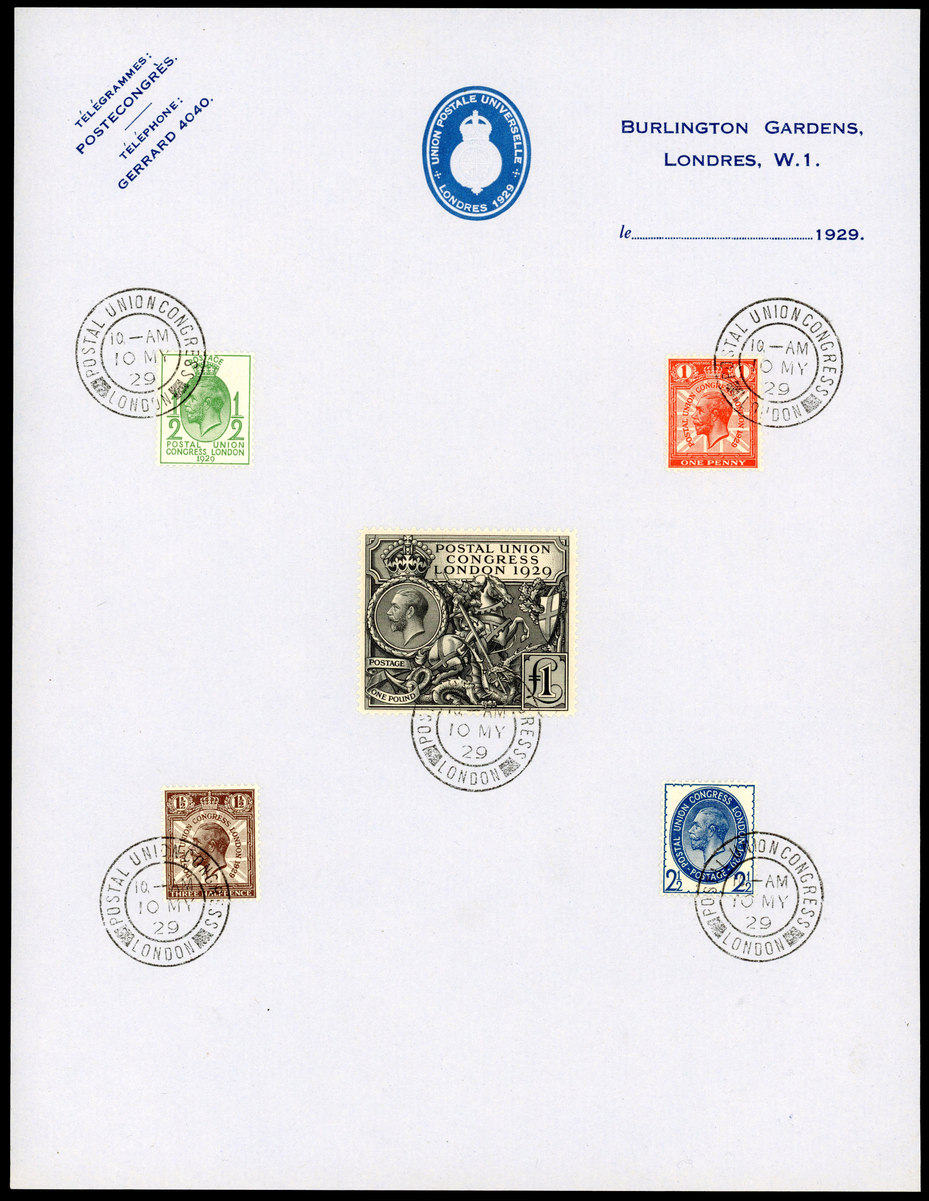 1929 ½-£1 Postal Union Congress. Superb used set of five affixed to a sheet of PUC note paper (large format)