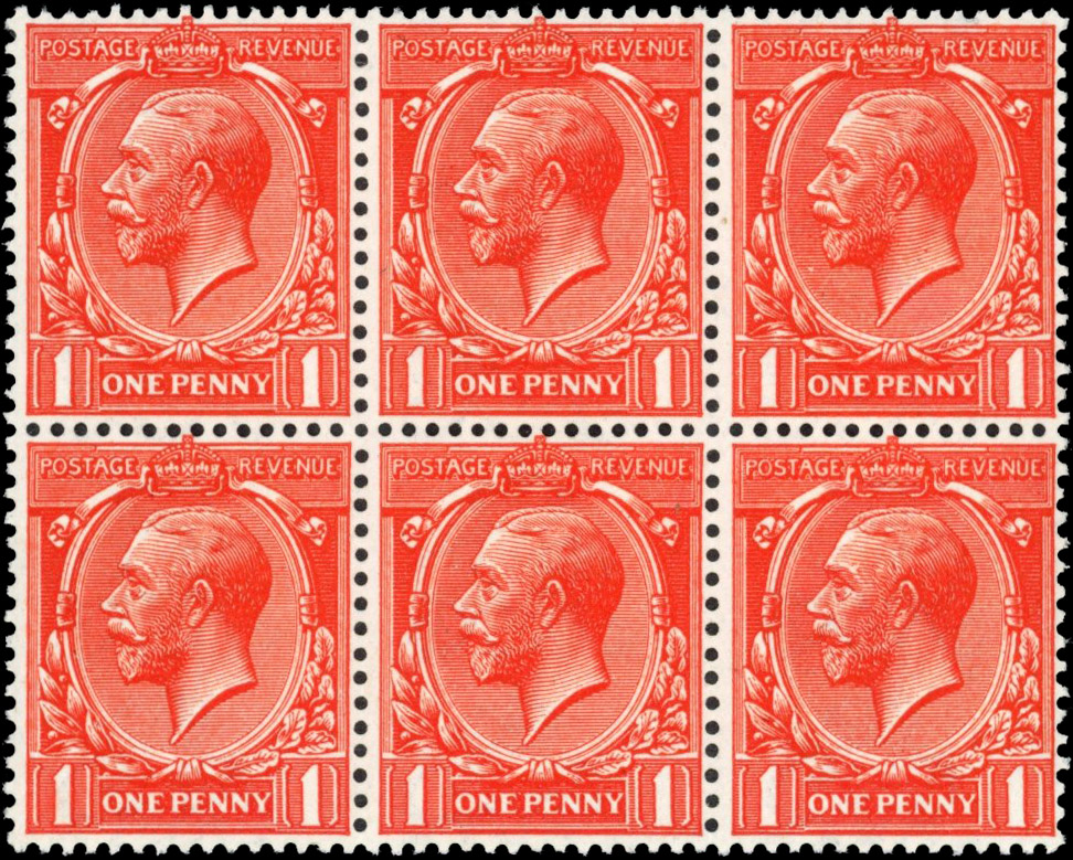 GB: 1912-24 Royal Cypher 1d deep orange-vermilion, mint unmounted block of six