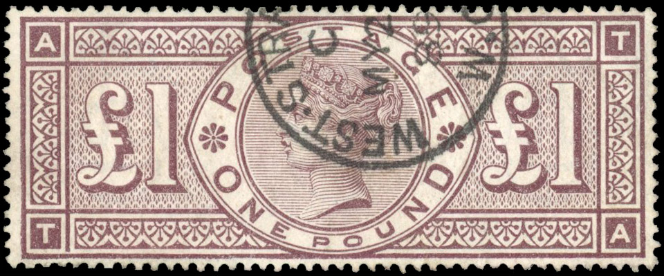 GB 1888 £1 brown-lilac watermark Three Orbs, with frame broken variety used, SG 186a