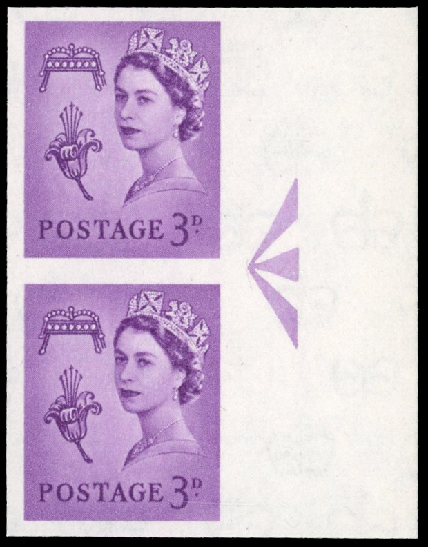 Great Britain 1958 3d Deep Lilac, Vertical Pair, BPMA Imprimatur, SG 7