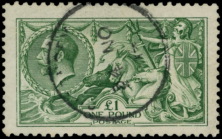 1913 Waterlow £1 green, light Guernsey cds