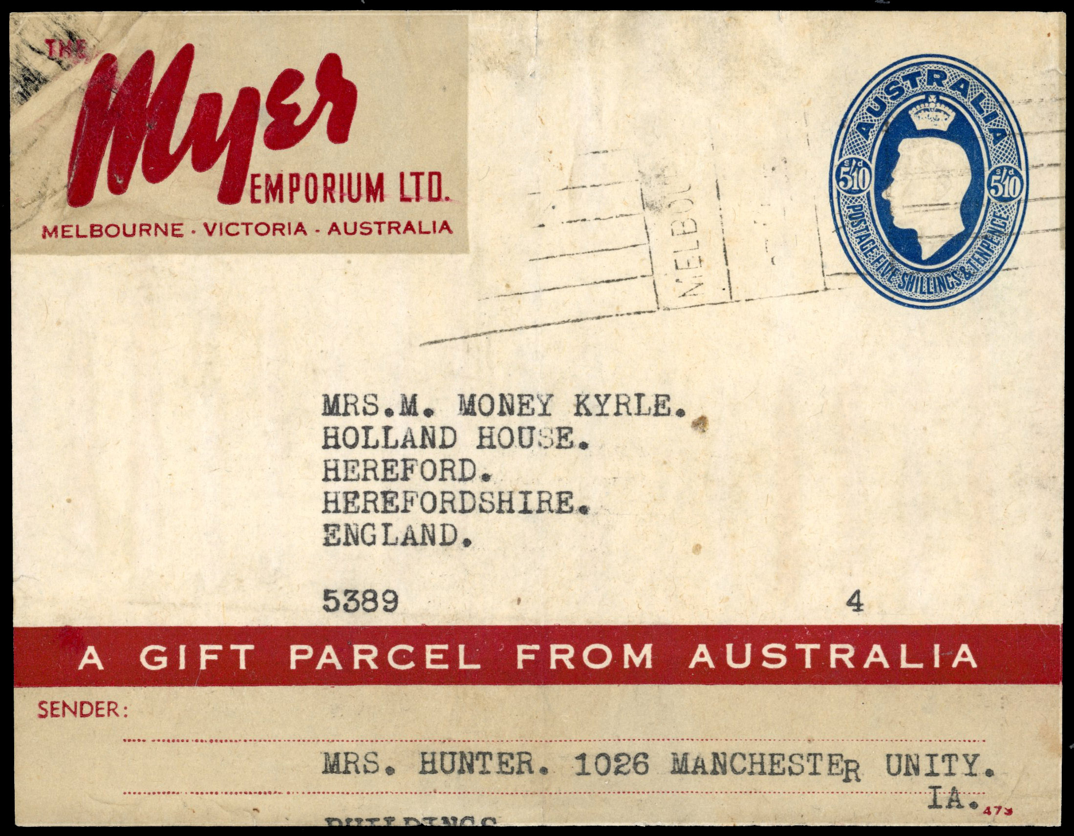 Australia 1946 Myer 5/10d Food Parcel label used