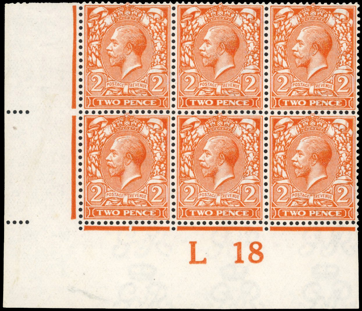 GB: 1912-24 Royal Cypher 2d deep reddish orange, mint unmounted/large part og lower right control L18 block of six