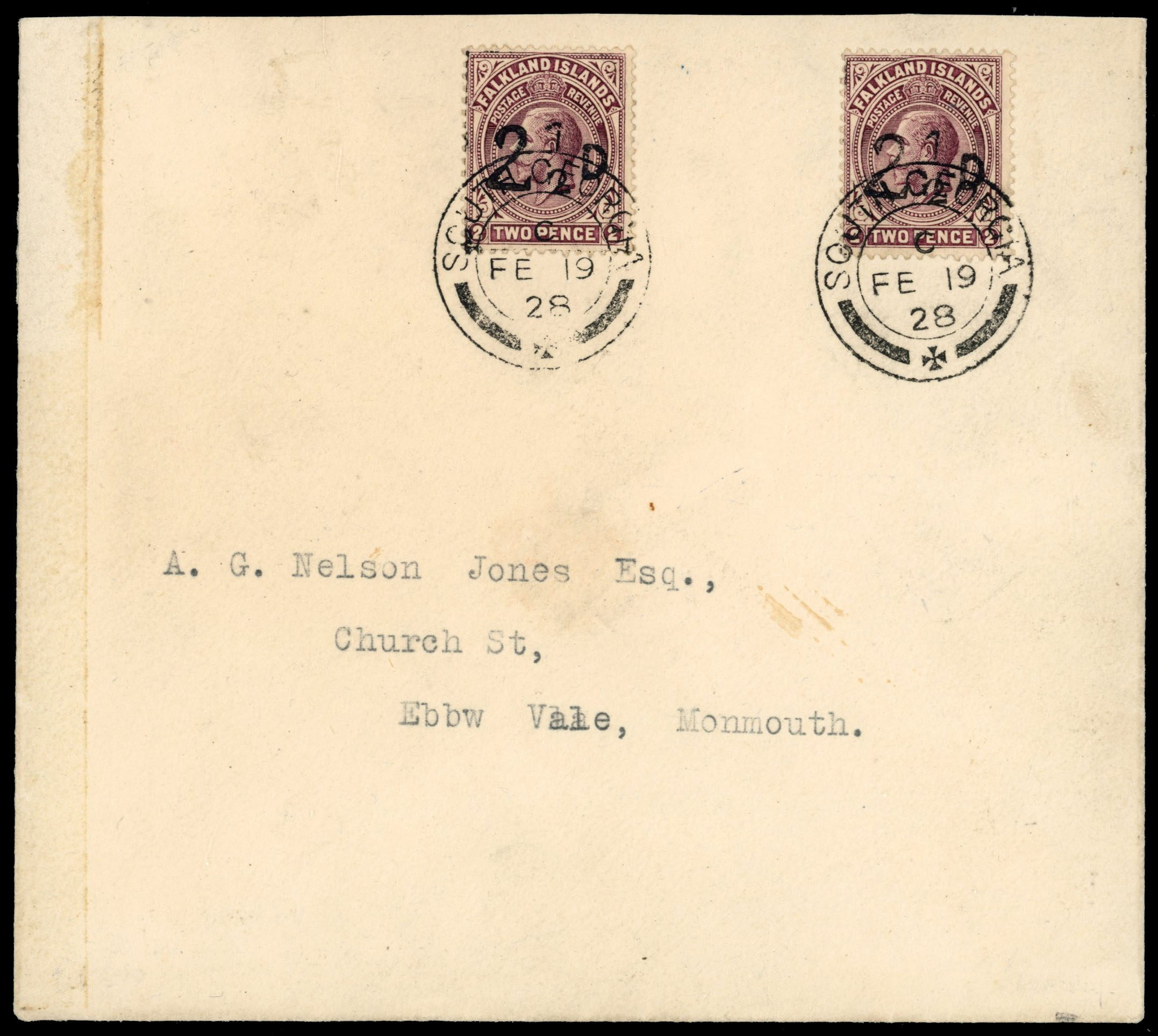 † Falkland Islands SG 115 1928 2½d provisional two on cover