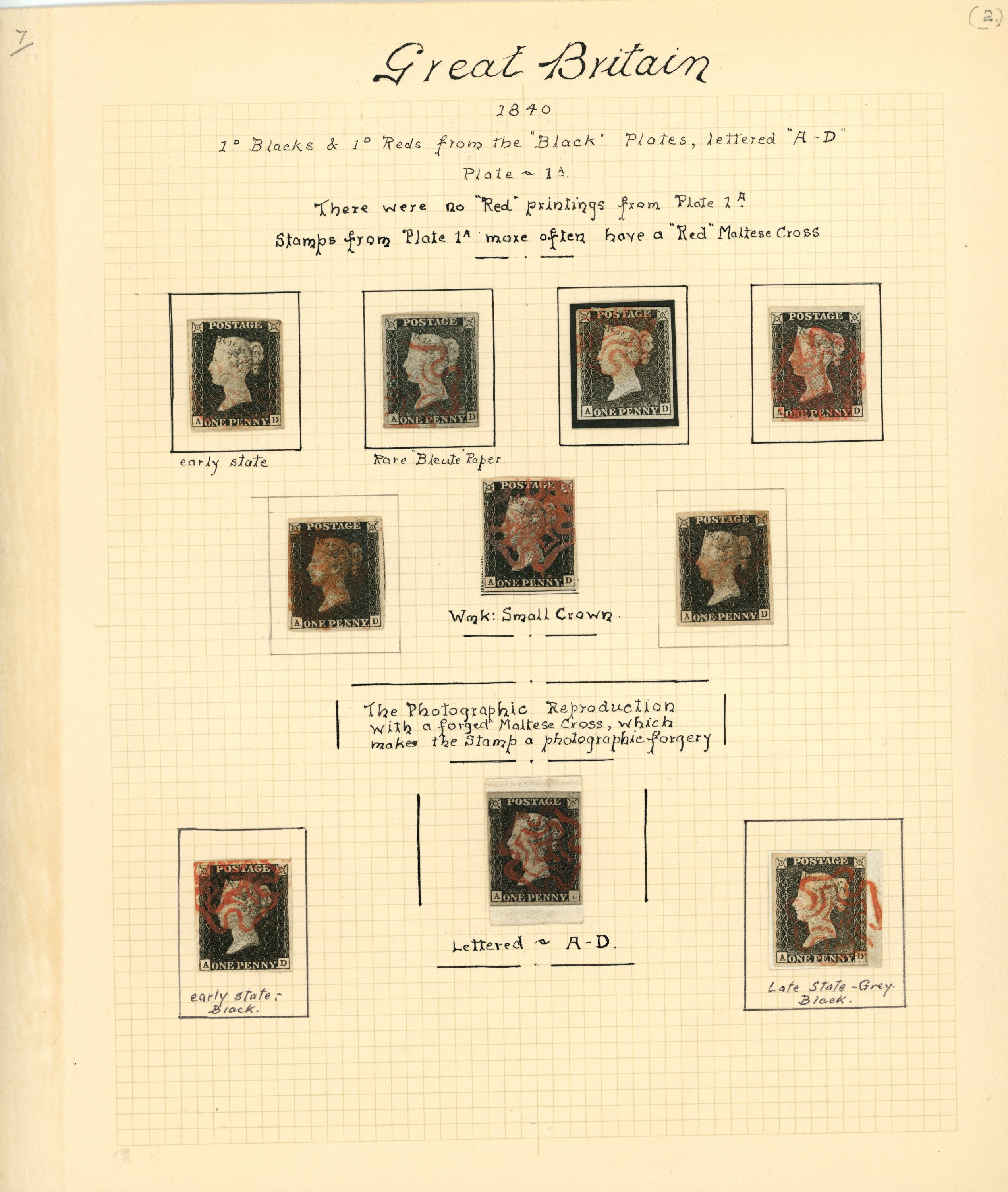 1840 1d black, Plate 1A, ten examples with...