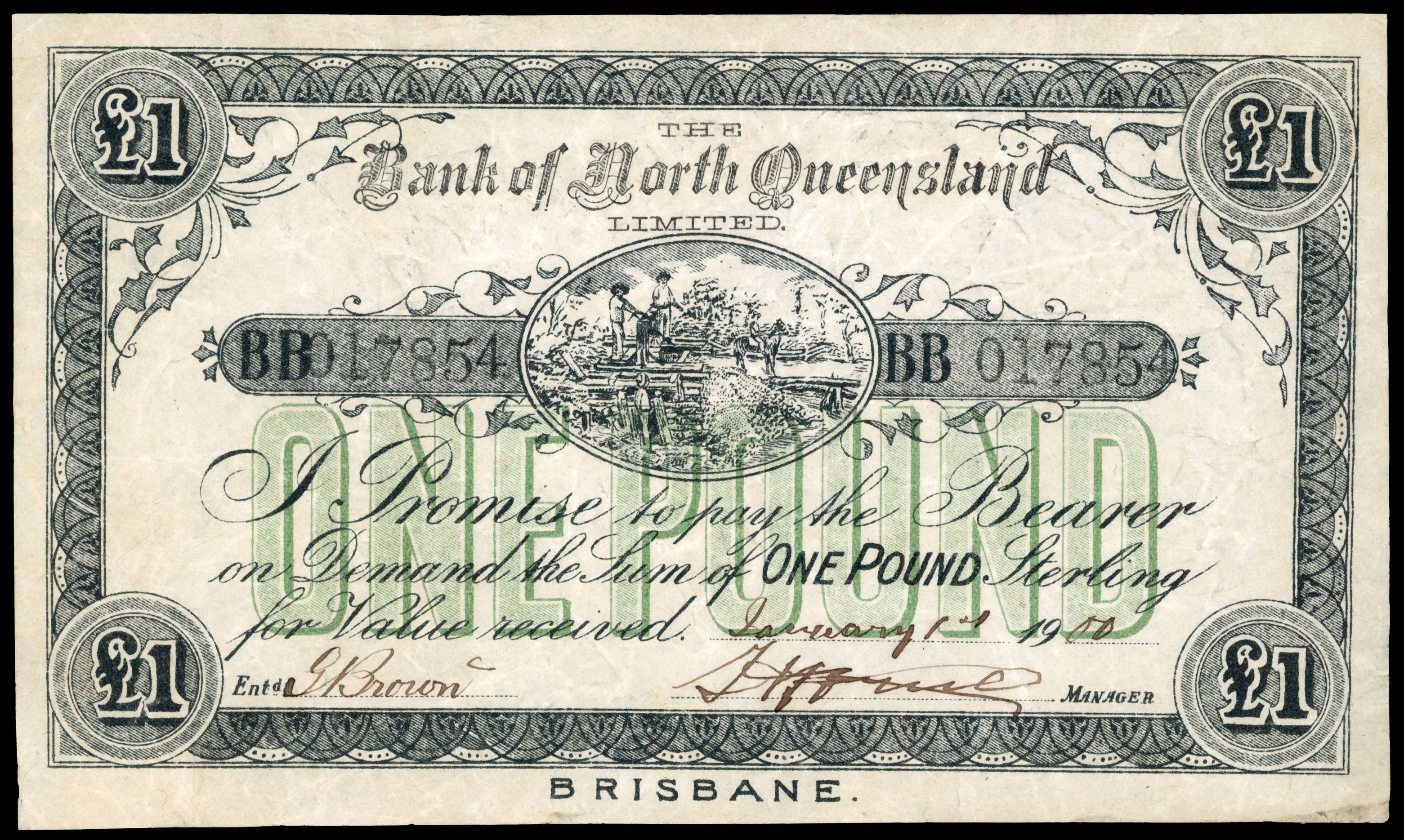 Australia Bank of North Queensland, One Pound, 1 Jan. 1900, No. BB 017854, Fantasy issue – probably issued for…