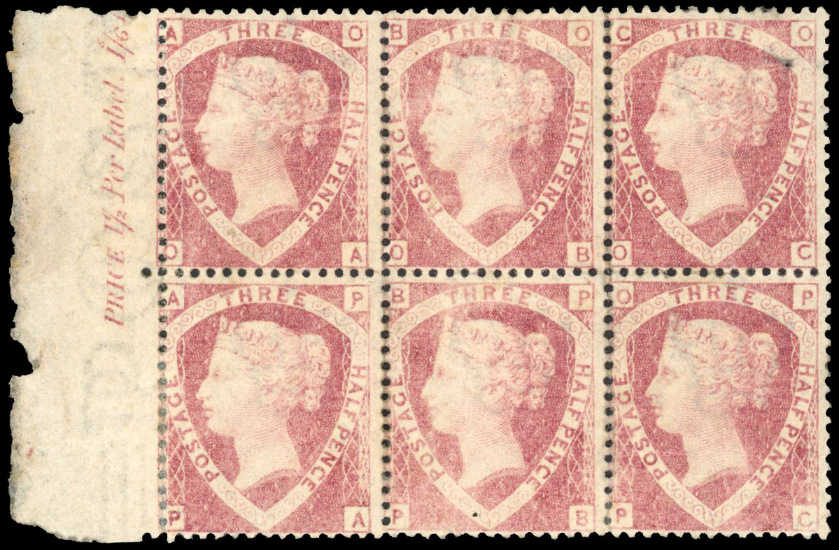 1870-74 rose-red marginal block of six (OA/PC) with error of lettering OP-PC