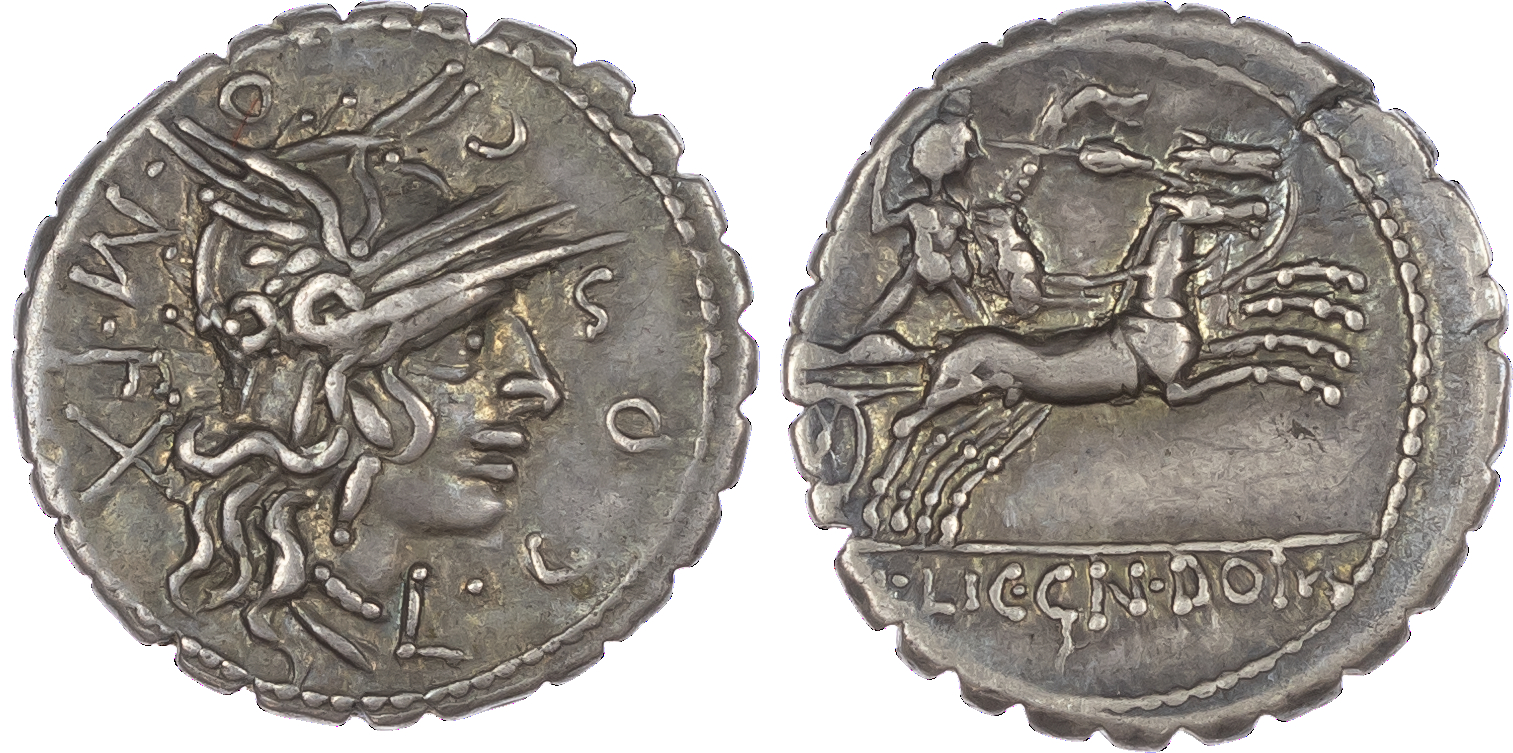 L. Cosconius M. f. (118 BC) AR Denarius Serratus, Narbo, 3.95g. L•COS-C-O•M•F, helmeted head of Roma facing right, X (mark