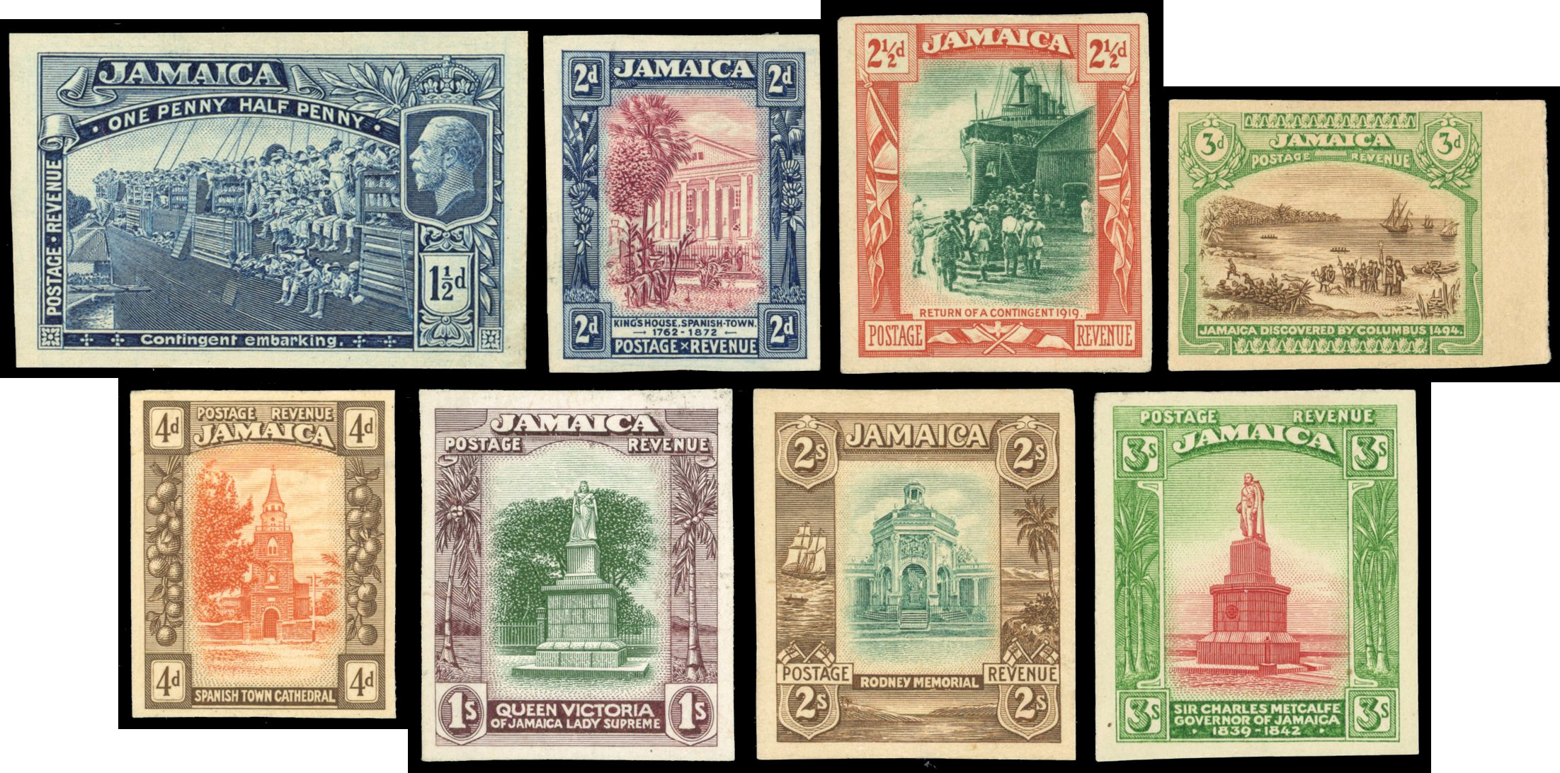 Jamaica 1922 (c.) Imperforate printer's samples of 1919-21 1½d to 10s in unissued colours, SG 80/89var
