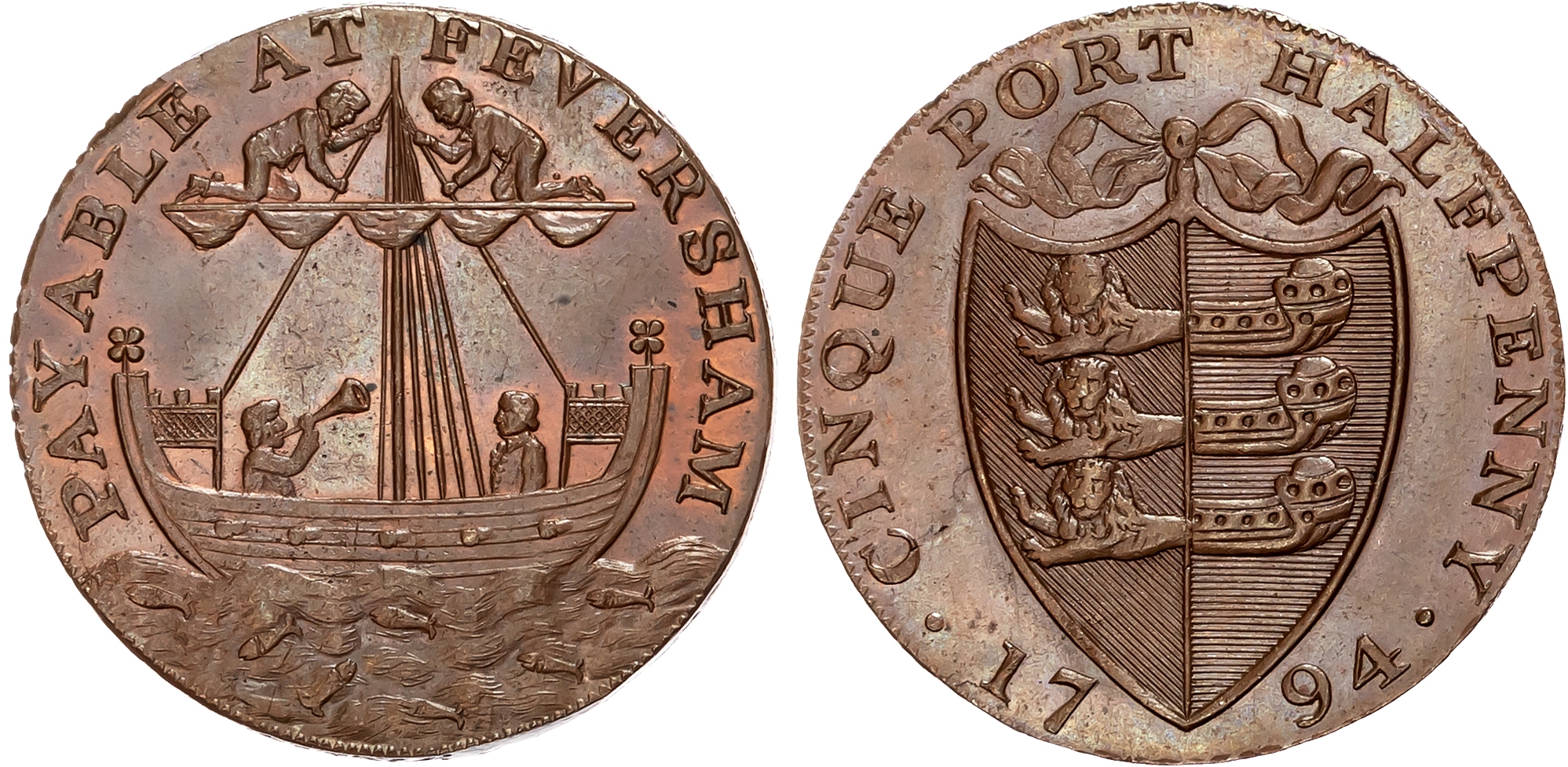 Kent, Faversham . John Crow, (brasier) Halfpenny 1794, An ancient sloop, rev. Cinque Ports Arms, edge PAYABLE AT JOHN CR …