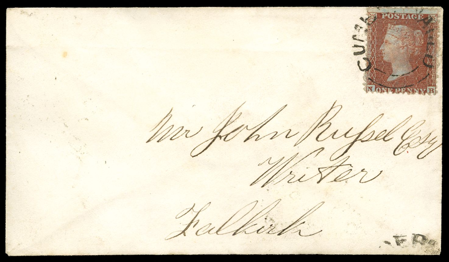 1856 1d Red-brown Pl.13. Very fine envelope sent from Cumbernauld to Falkirk bearing a 1d red-brown Pl.13. (SG 29var, C6)...
