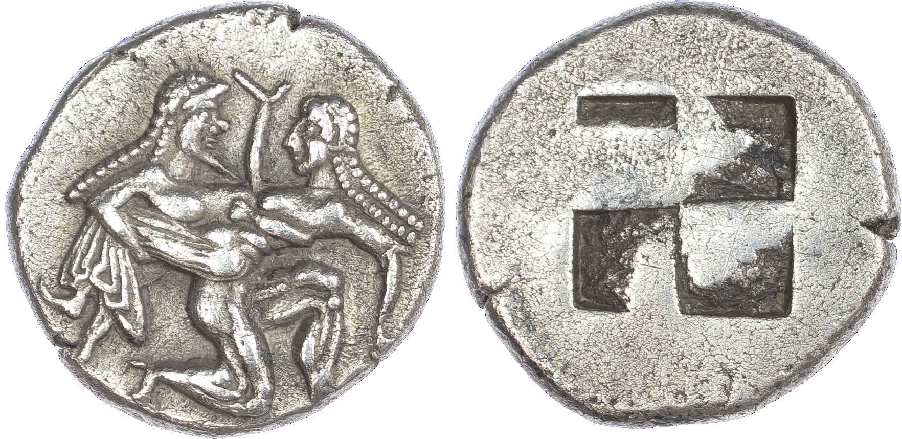 Islands off Thrace, Thasos (c. 500-480 BC) AR Stater, 9.49g. Nude ithyphallic satyr right, carrying nymph who raises her