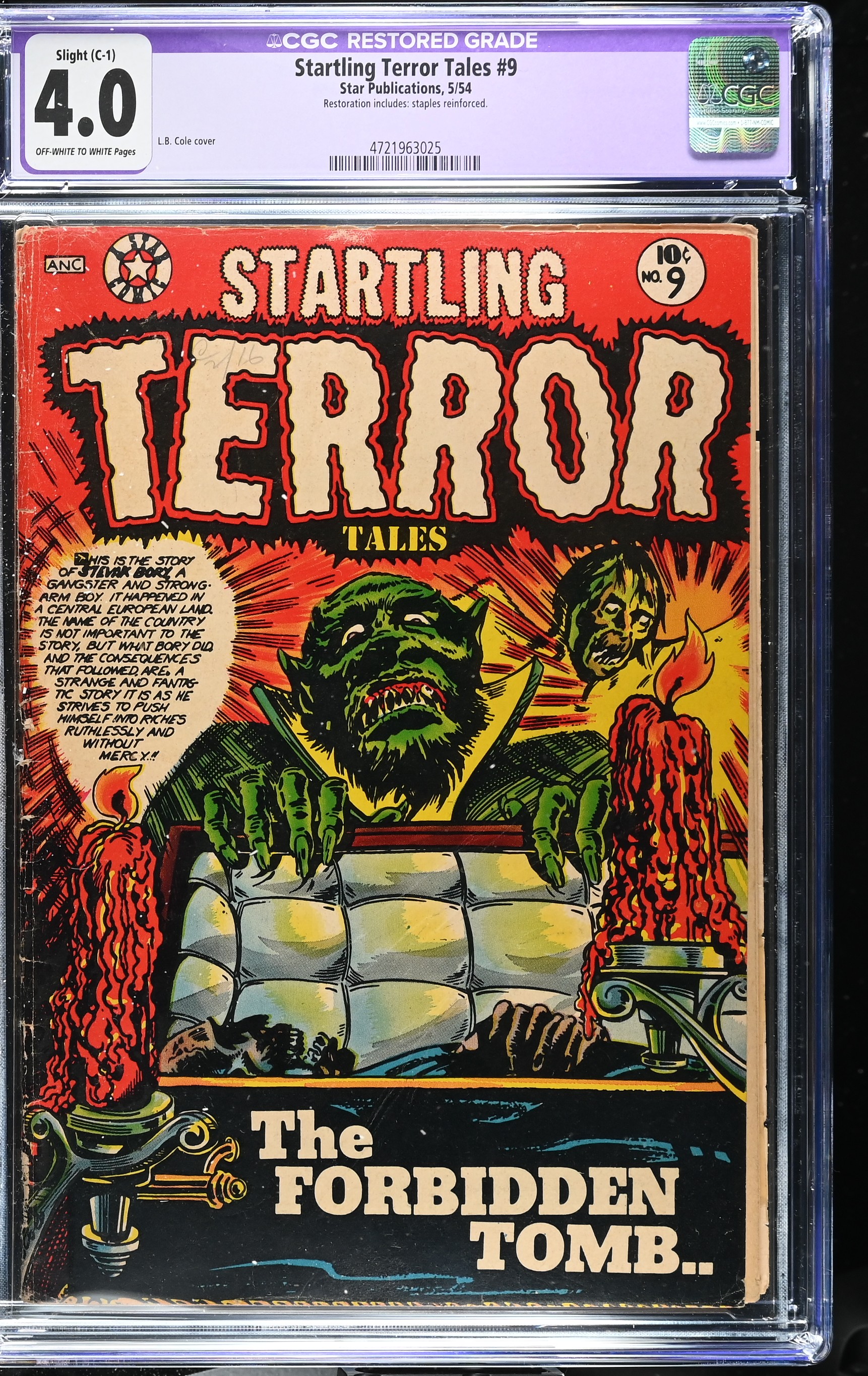 Startling Terror Tales #9 CGC 4.0 Restored Cover by L. B. Cole (Star Publications, 1954) Off-White to White Pages