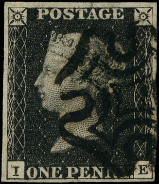 1840 1d black, plate 5 (IE), good even margins, cancelled