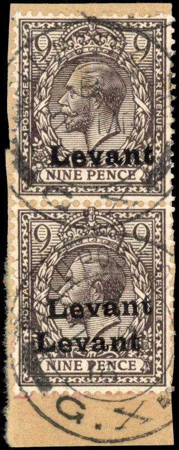 British Levant 1916 9d agate overprint double, SG S7, a se-tenant pair used