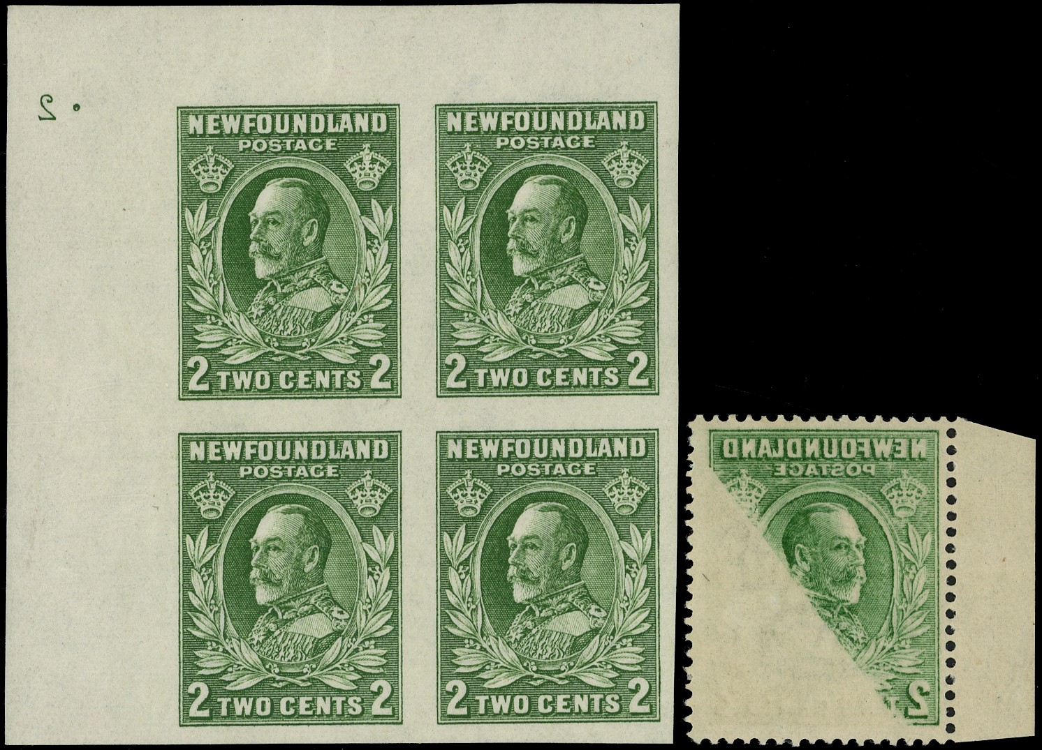 Newfoundland 1932 Resources issue 2ct King George V die II green imperf block of four SG...