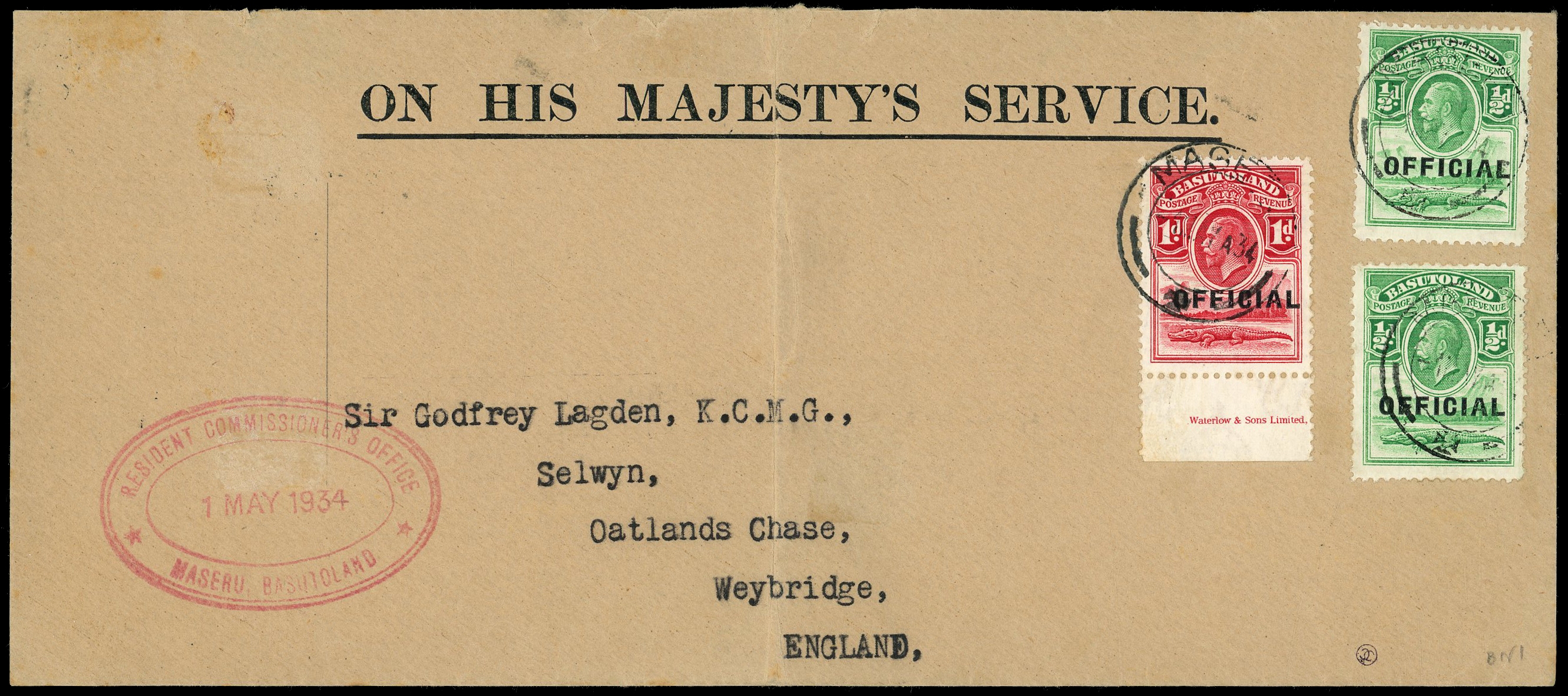 Basutoland 1934 OHMS cover to England with OFFICIAL ½d (x2) and 1d