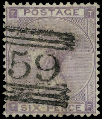 1862 6d lilac Pl.4 (Hair lines). Very fine used example lettered TF showing watermark variety W20b ‘Three roses and a th…