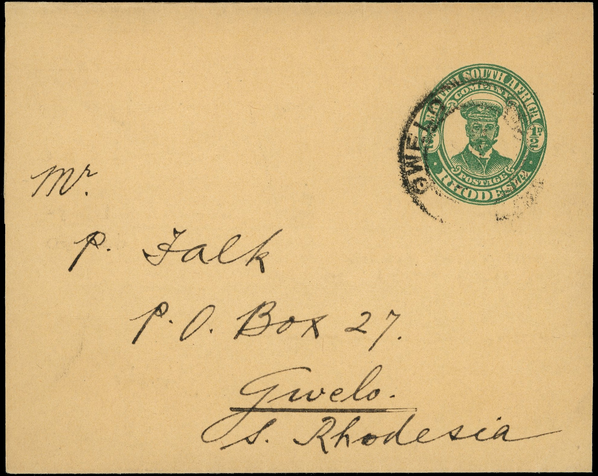 1923 ½d green "Admiral" newspaper wrapper used from Gwelo