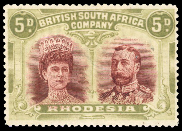 Rhodesia 1910-13 5d lake-brown and olive perf 15