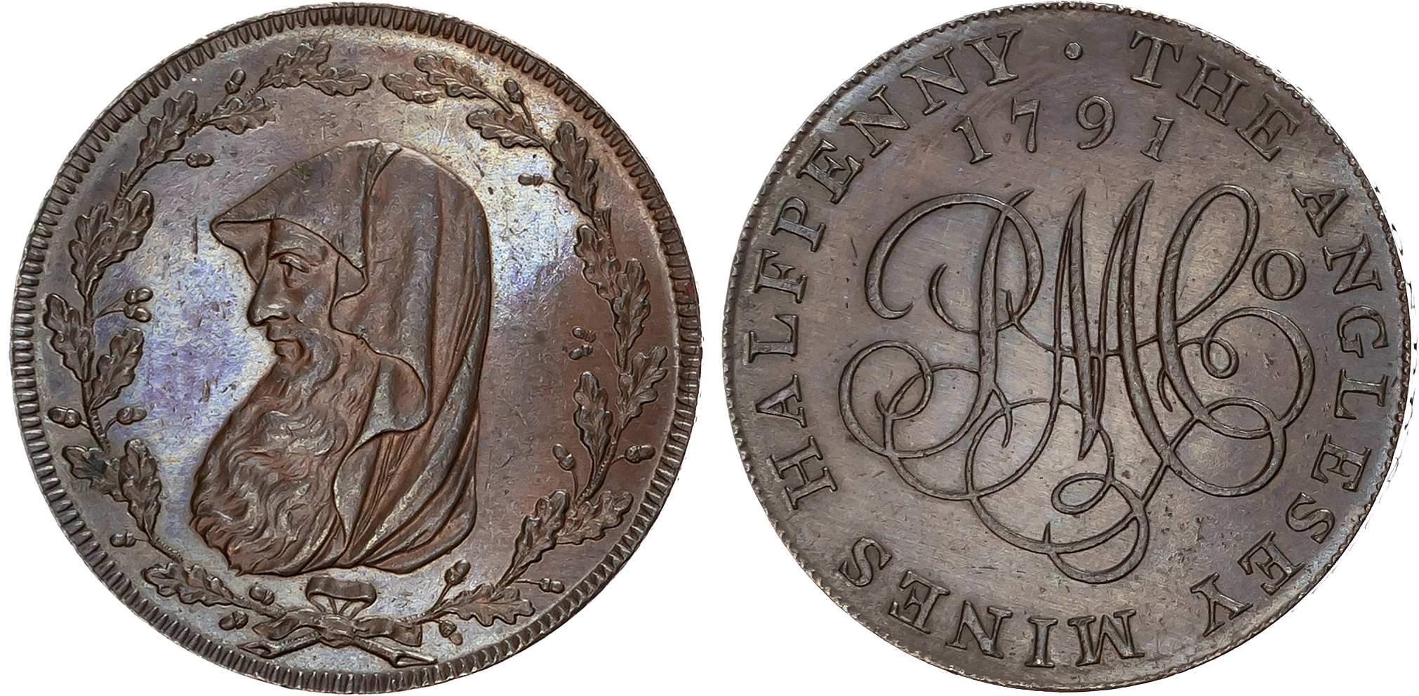 Ang. Amlwch , Parys Mines Co. Halfpenny 1791, Cowled druid’s head left within a thin oaken wreath with 18 acorns, rev .  …