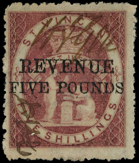 St Vincent Revenue £5 on 5s rose red Used 